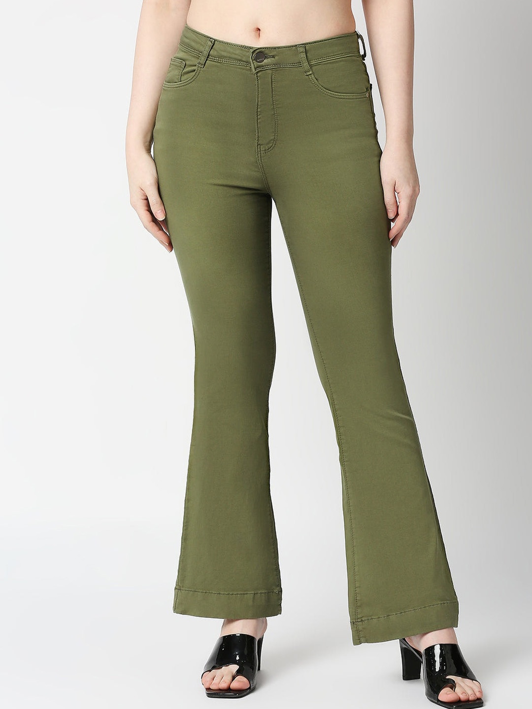 

Kraus Jeans Women Flared High-Rise Clean Look Stretchable Jeans, Olive