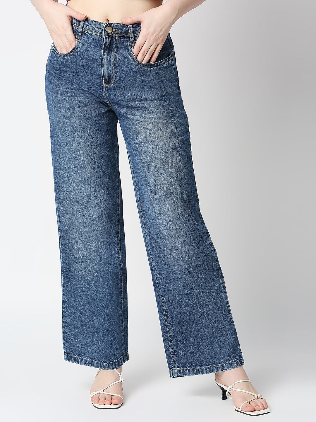 

Kraus Jeans Women Wide Leg High-Rise Heavy Fade Cotton Jeans, Blue
