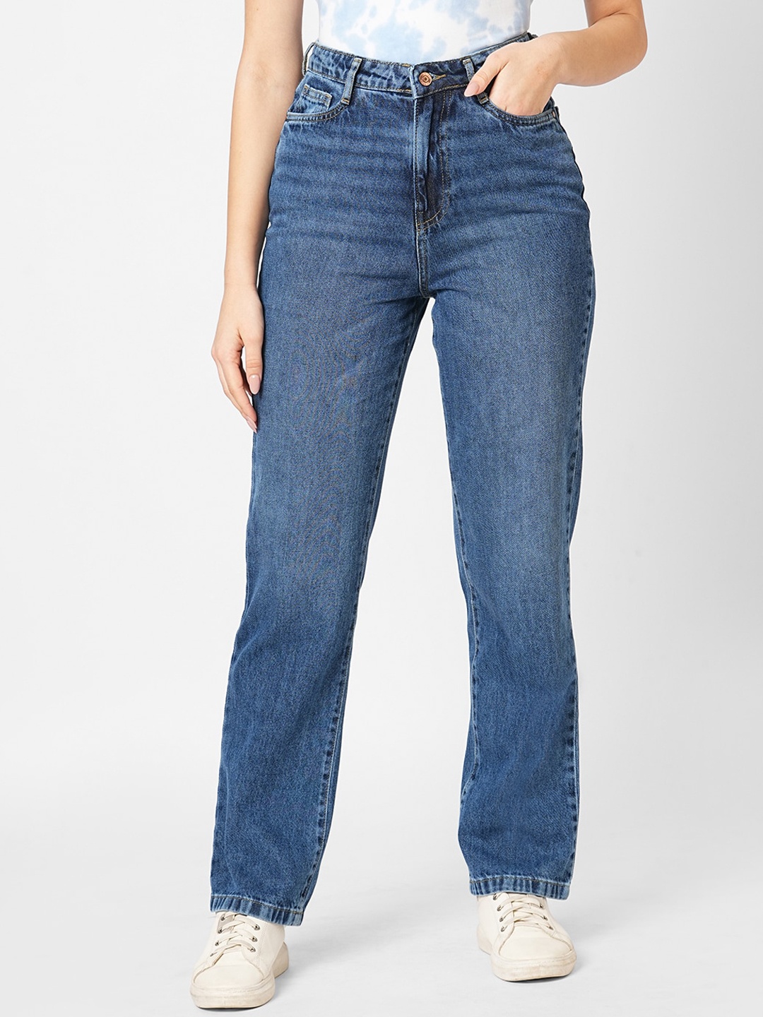 

Kraus Jeans Women High-Rise Mom Fit Light Fade Stretchable Jeans, Blue