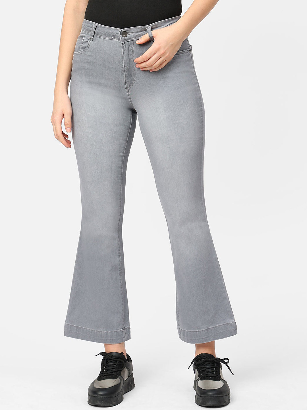 

Kraus Jeans Women Flared High-Rise Heavy Fade Stretchable Jeans, Grey