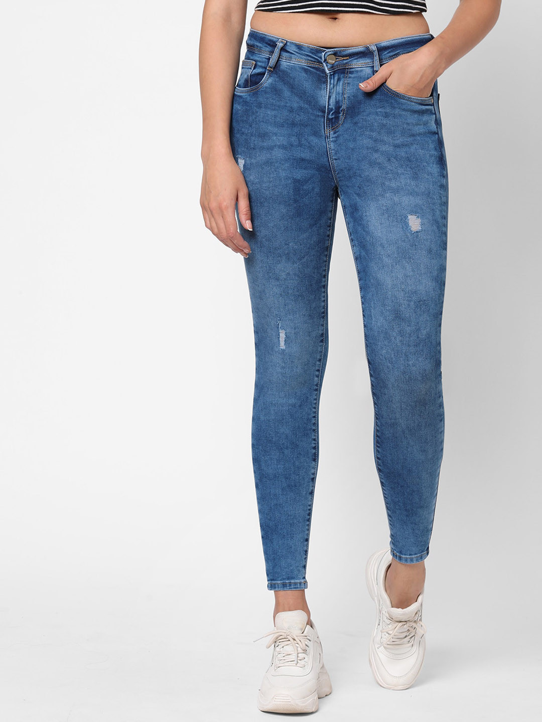 

Kraus Jeans Women Skinny Fit Low Distress Heavy Fade Stretchable Jeans, Blue