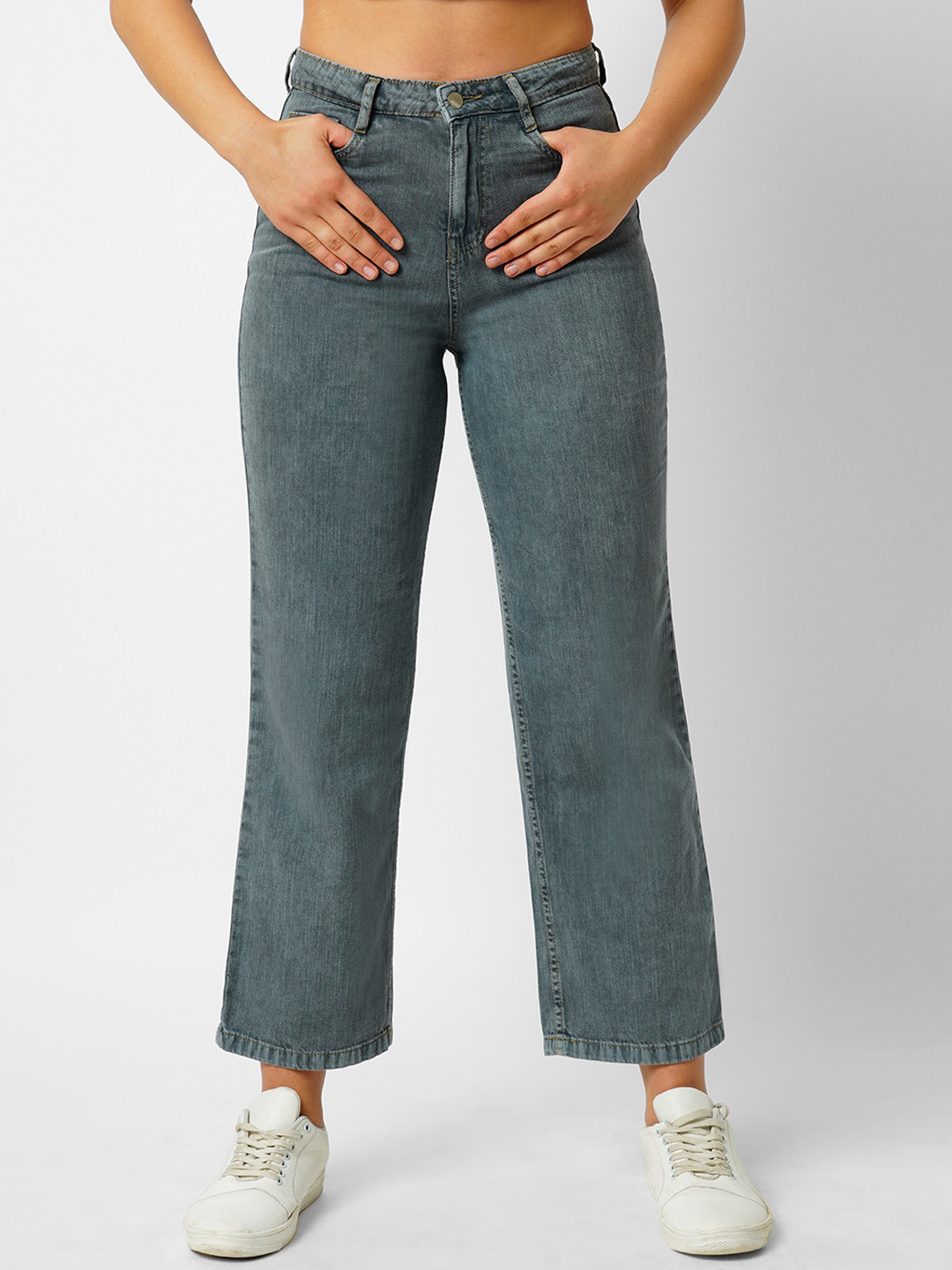 

Kraus Jeans Women Straight Fit High-Rise Clean Look Cotton Jeans, Grey