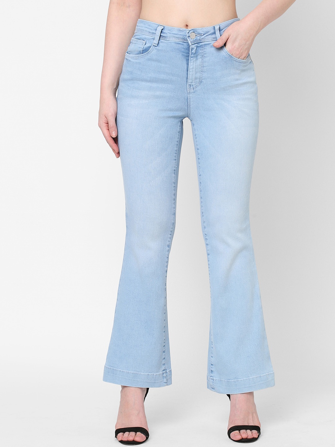 

Kraus Jeans Women Flared High-Rise Heavy Fade Stretchable Jeans, Blue