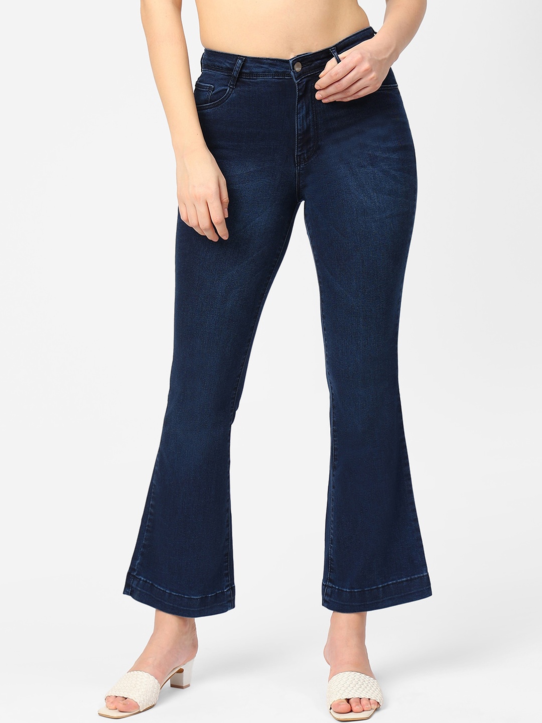 

Kraus Jeans Women Flared High-Rise Light Fade Stretchable Jeans, Navy blue