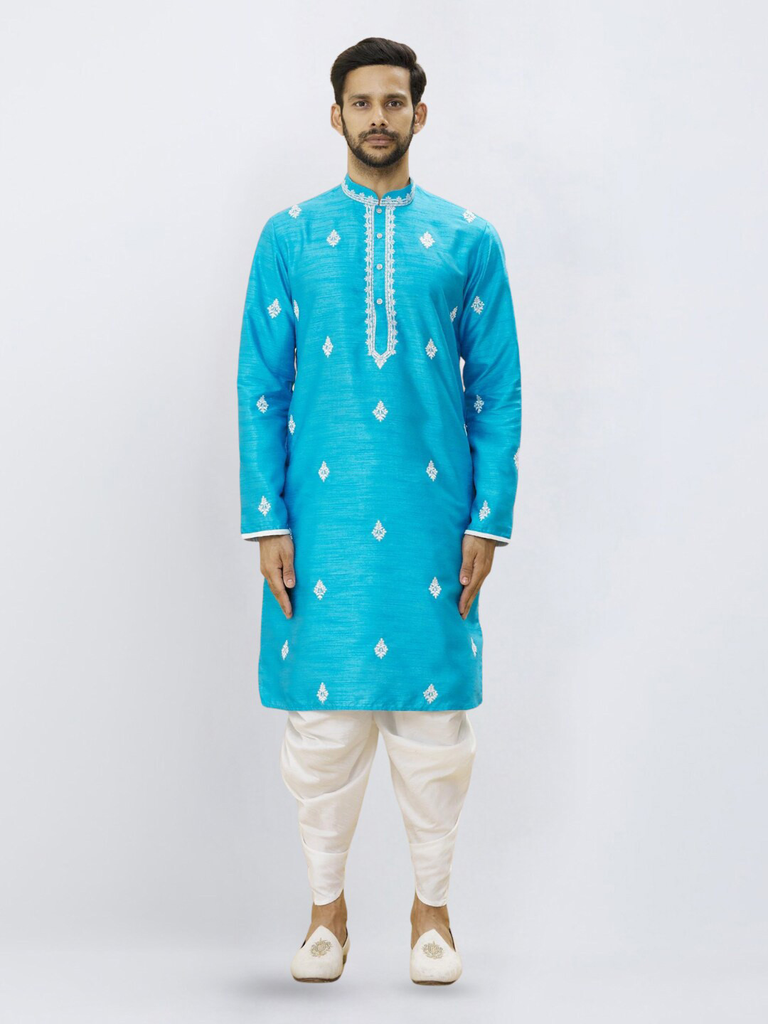 

Indian Poshakh Floral Embroidered Thread Work Mandarin Collar Kurta with Dhoti Pants, Blue