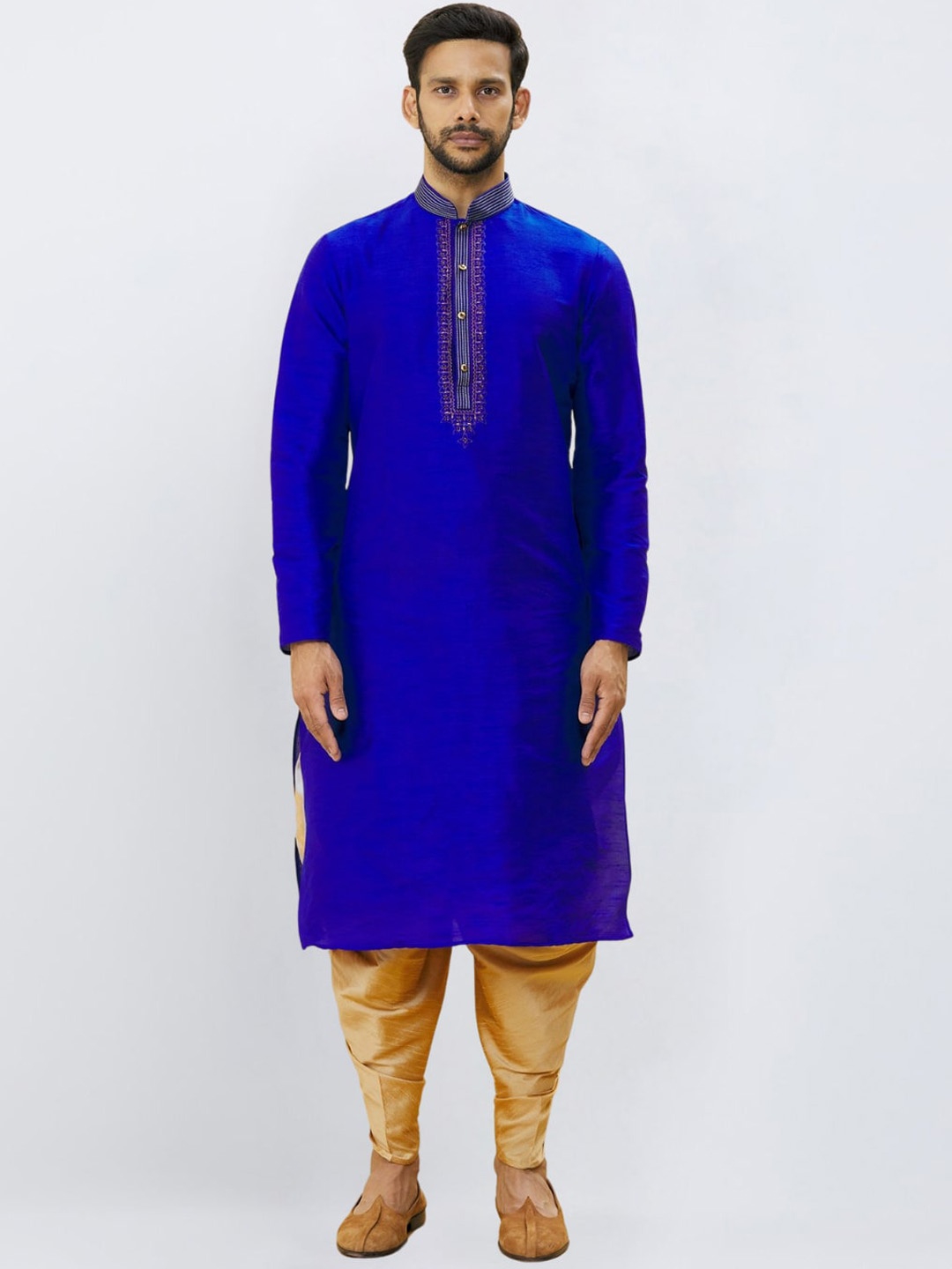 

Indian Poshakh Men Yoke Design Regular Thread Work Kurta with Dhoti Pants, Blue