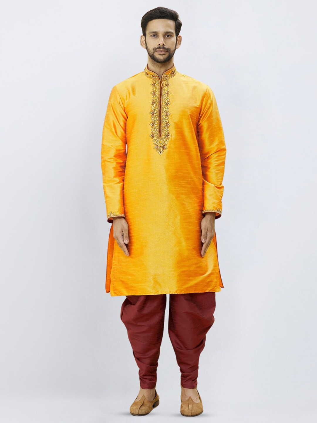 

Indian Poshakh Ethnic Motifs Yoke Design Beads and Stones Straight Kurta with Dhoti Pants, Yellow