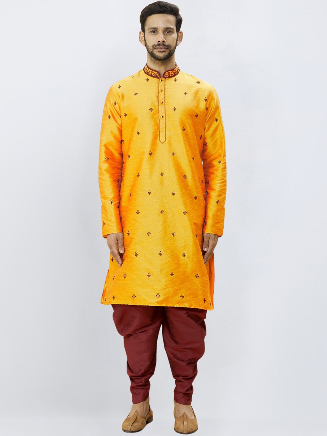 

Indian Poshakh Men Floral Embroidered Regular Thread Work Kurta with Dhoti Pants, Yellow