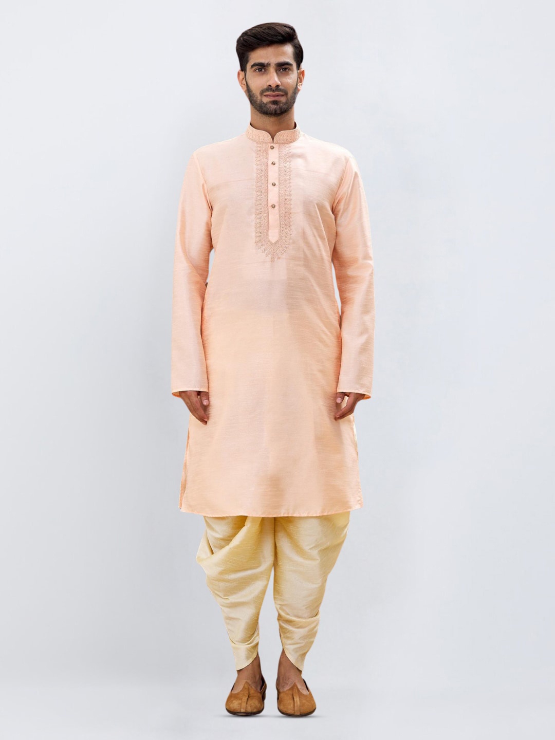 

Indian Poshakh Straight Kurta with Dhoti Pants, Peach