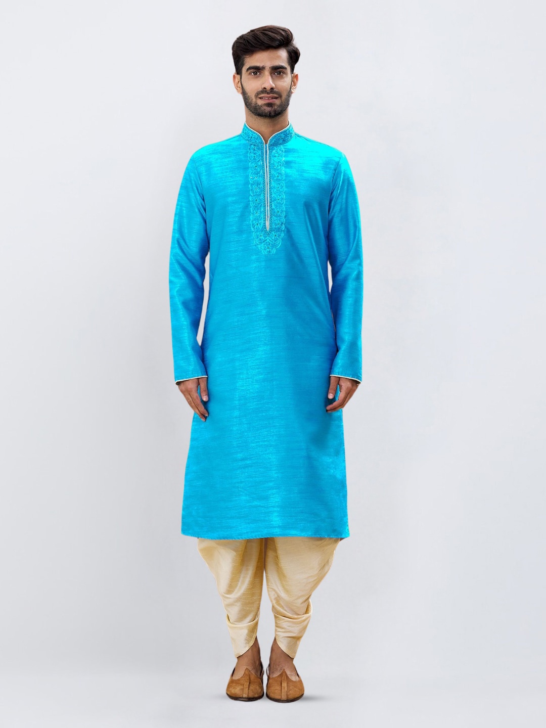 

Indian Poshakh Mandarin Collar Beads and Stones Straight Kurta with Dhoti Pants, Blue