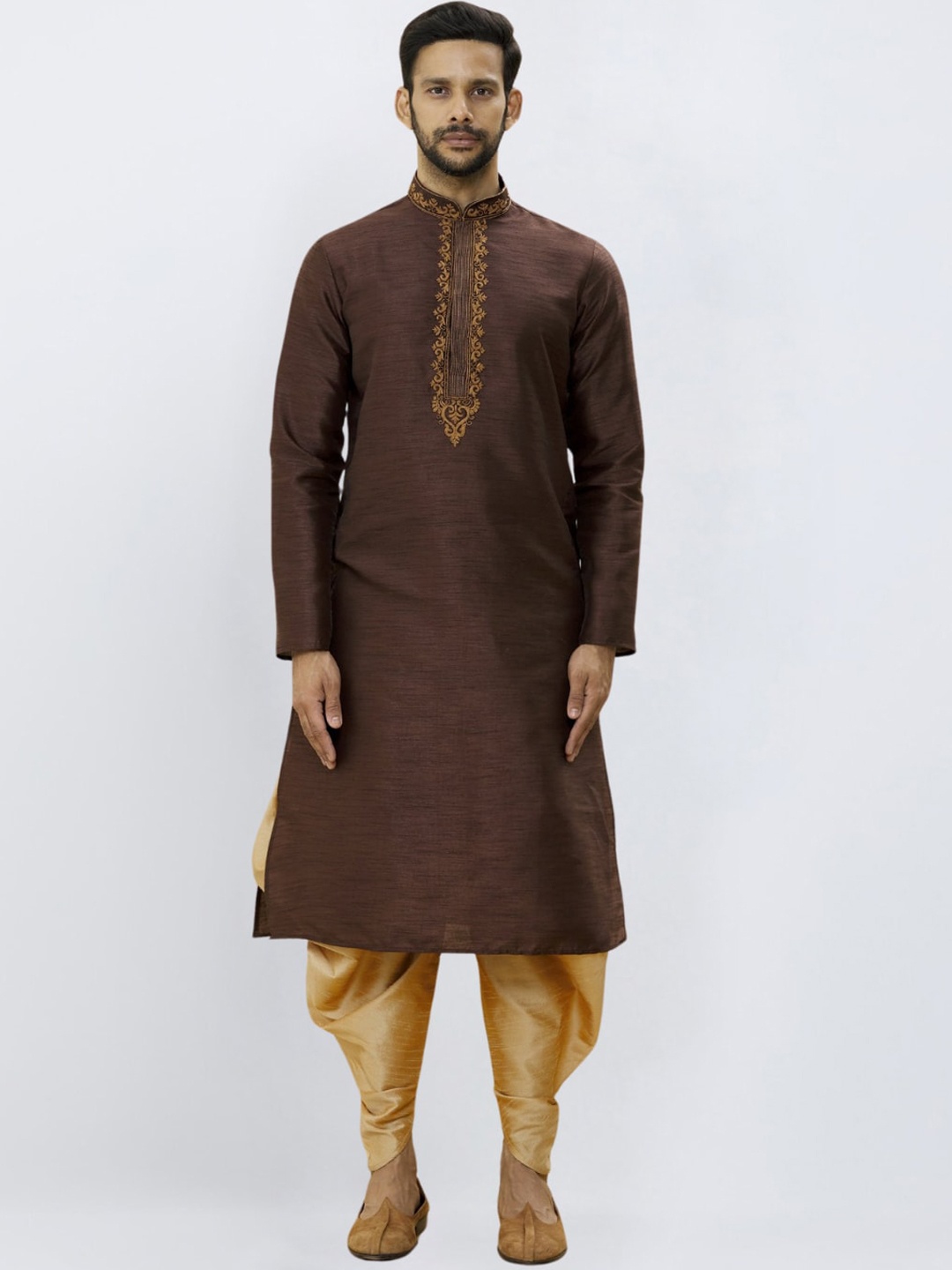 

Indian Poshakh Men Ethnic Motifs Yoke Design Regular Thread Work Kurta with Dhoti Pants, Brown