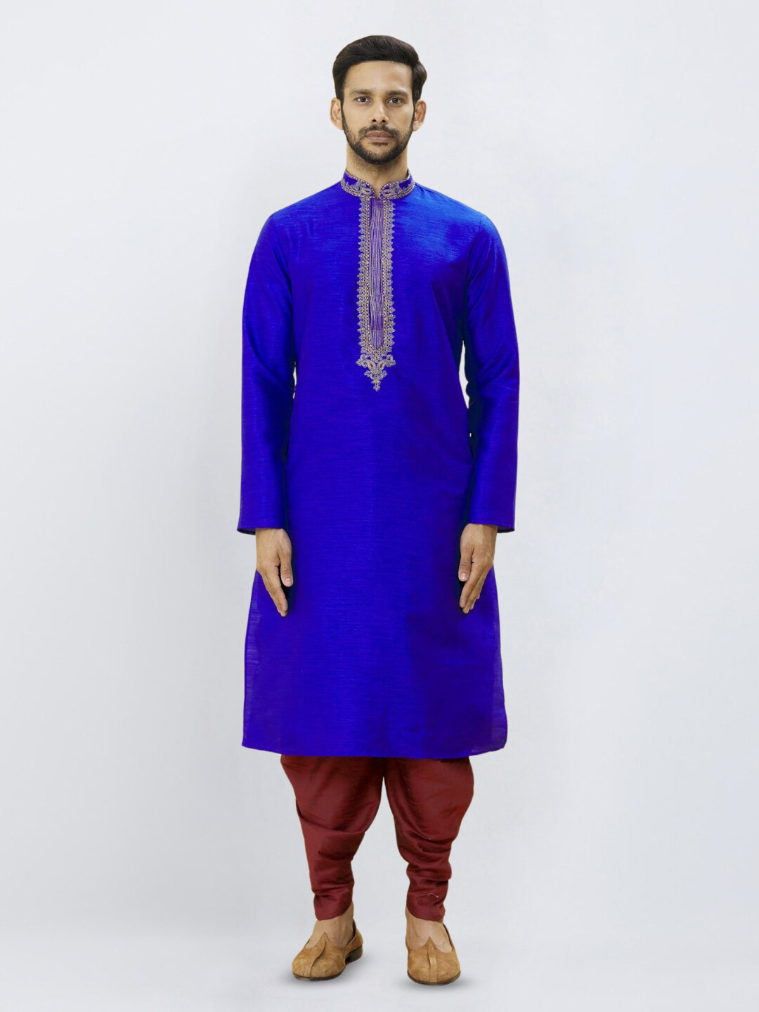 

Indian Poshakh Floral Yoke Design Thread Work Mandarin Collar Kurta with Dhoti Pants, Navy blue