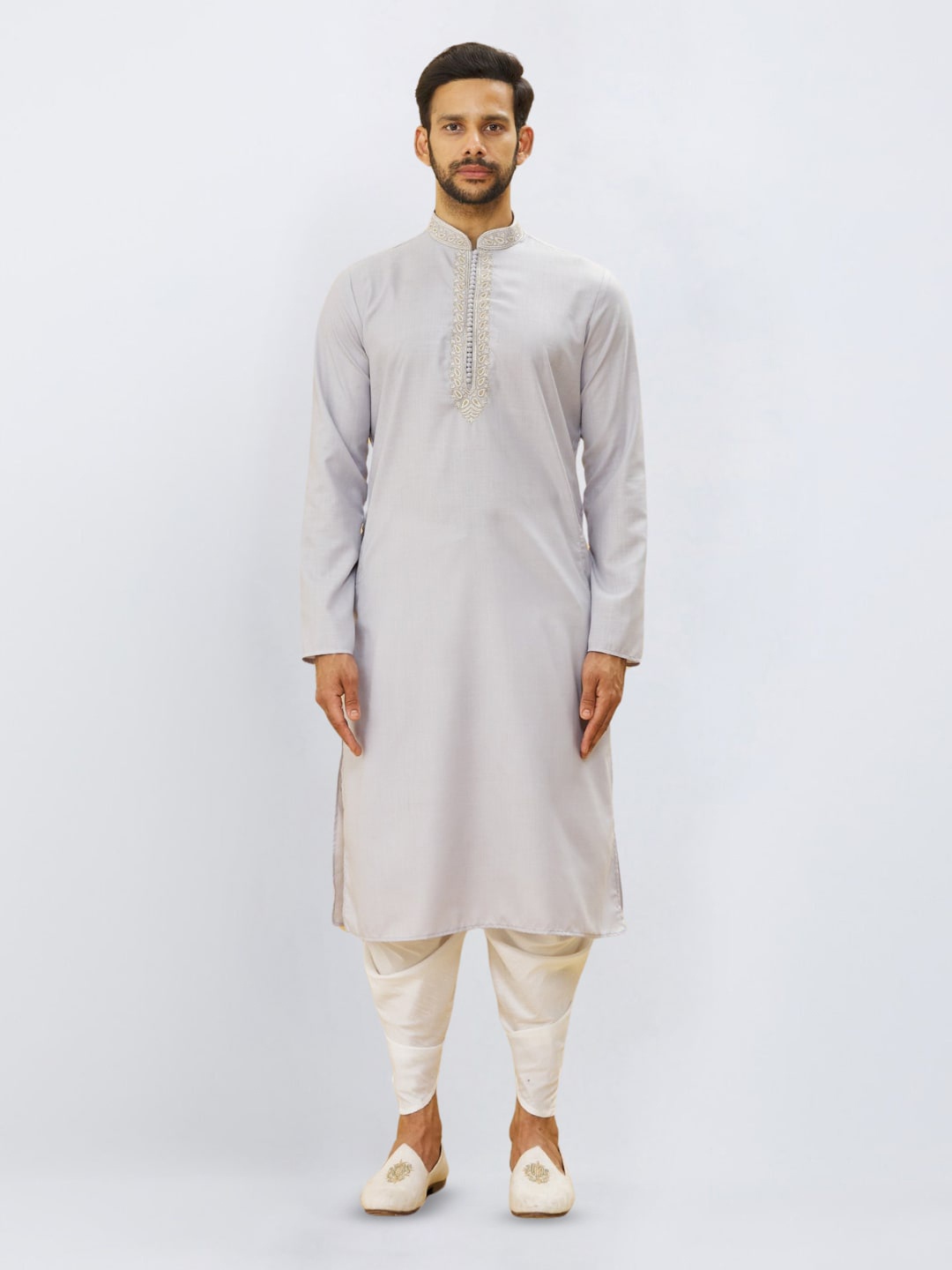 

Indian Poshakh Mandarin Collar Beads and Stones Straight Kurta with Dhoti Pants, Grey