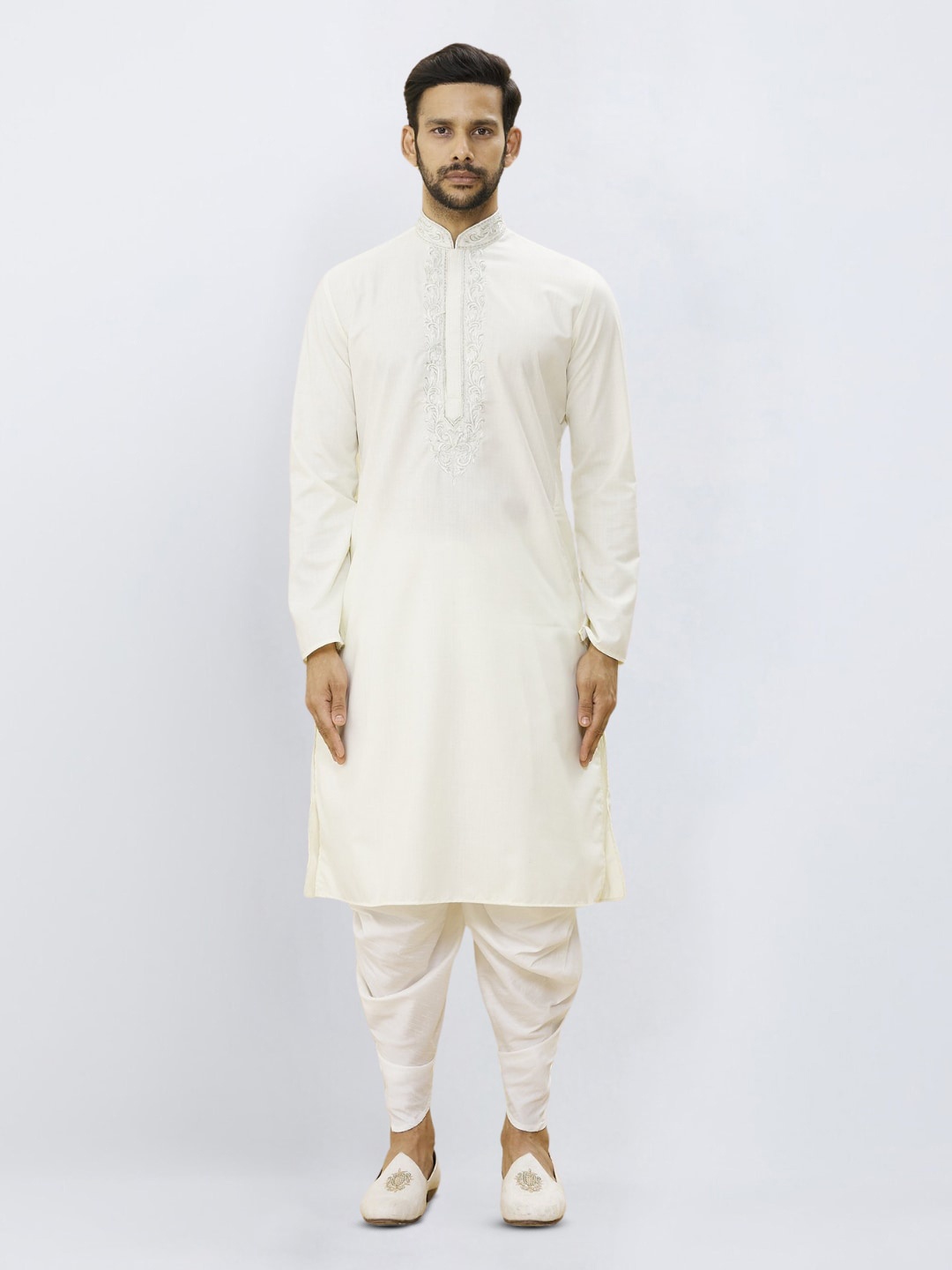 

Indian Poshakh Regular Thread Work Straight Kurta with Dhoti Pants, Cream