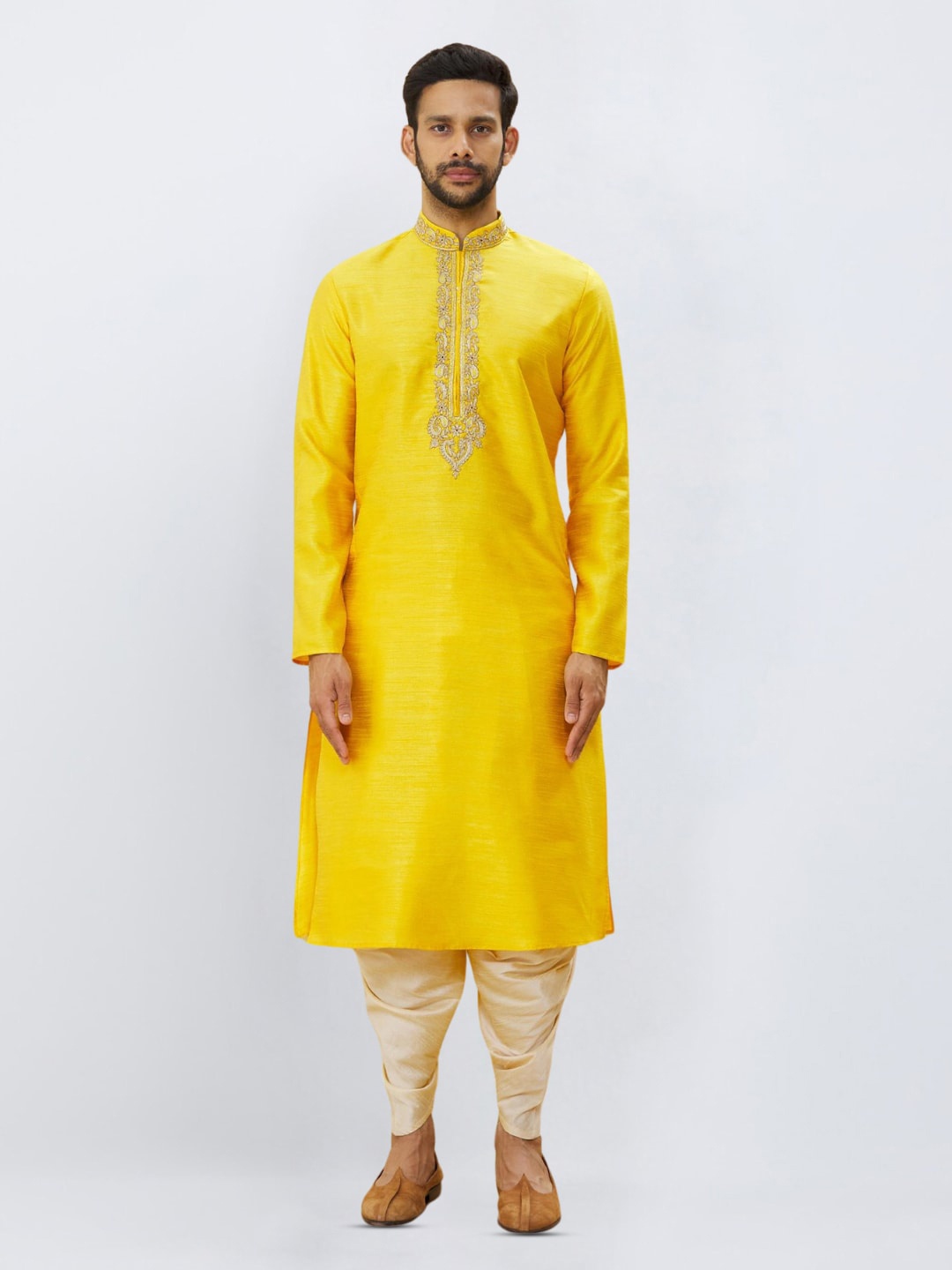 

Indian Poshakh Thread Work Straight Kurta with Dhoti Pants, Yellow
