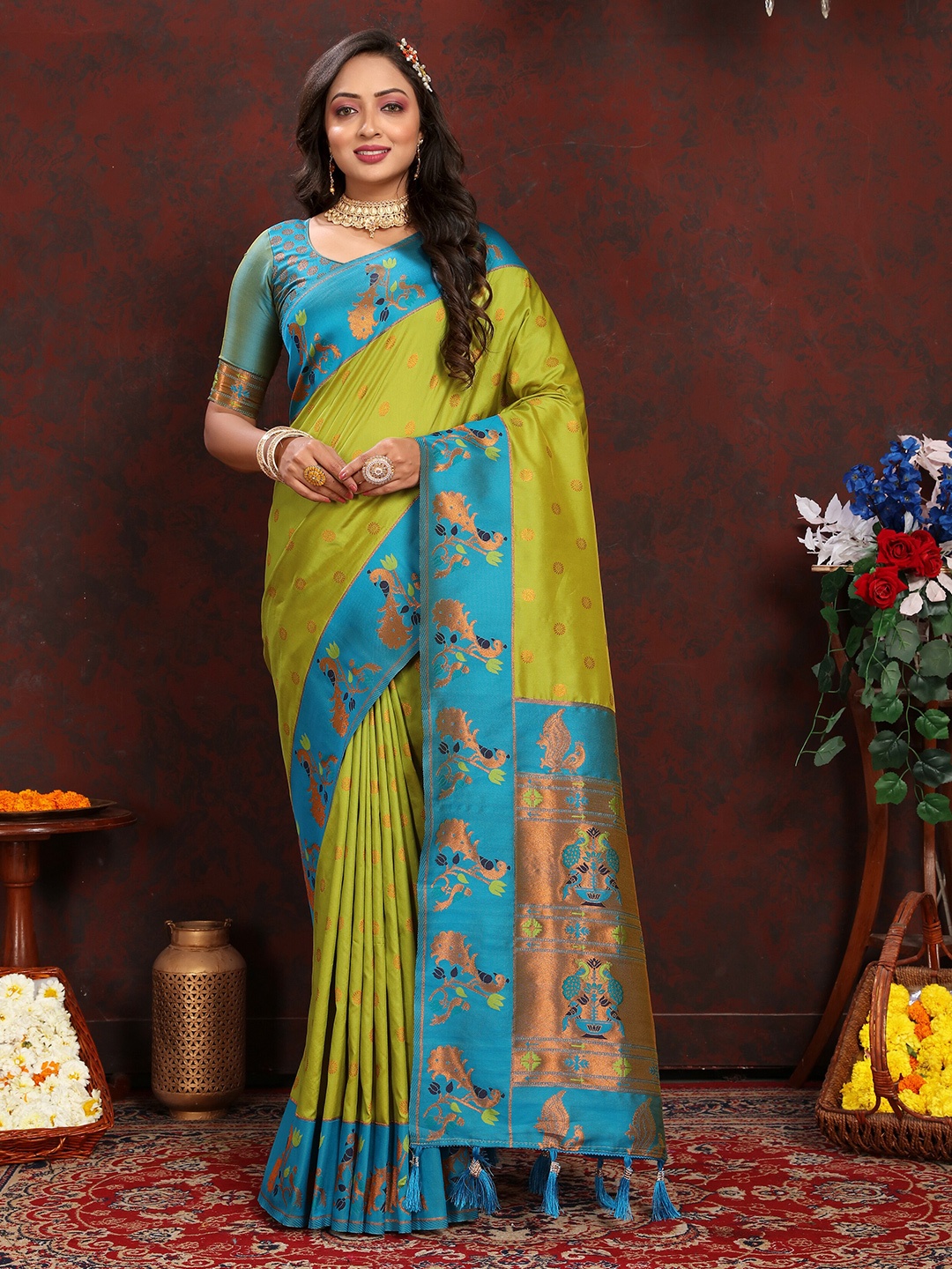 

YAVIRA SILK Ethnic Motifs Woven Design Zari Paithani Saree, Lime green