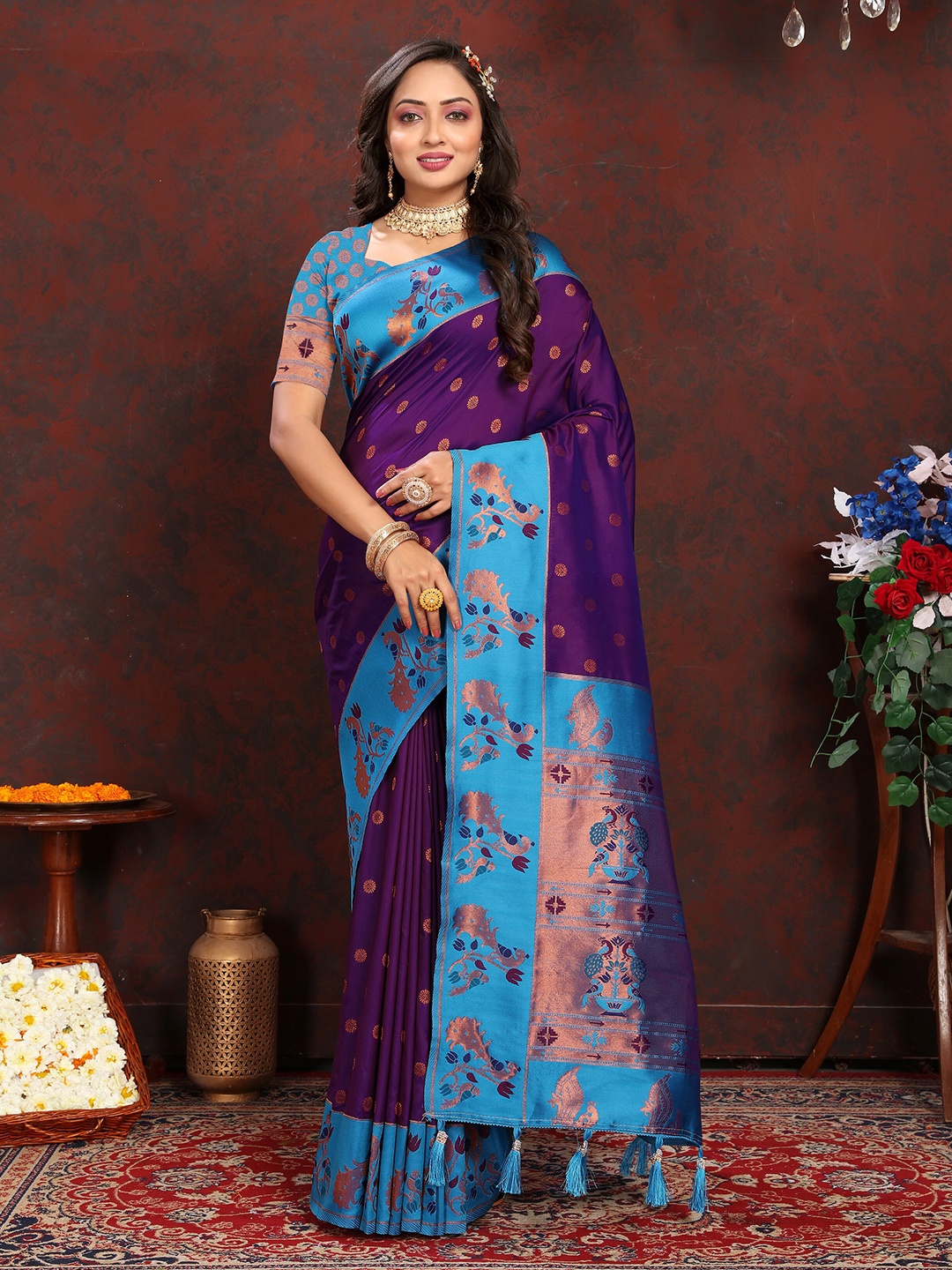 

YAVIRA SILK Ethnic Motifs Woven Design Zari Paithani Saree, Navy blue