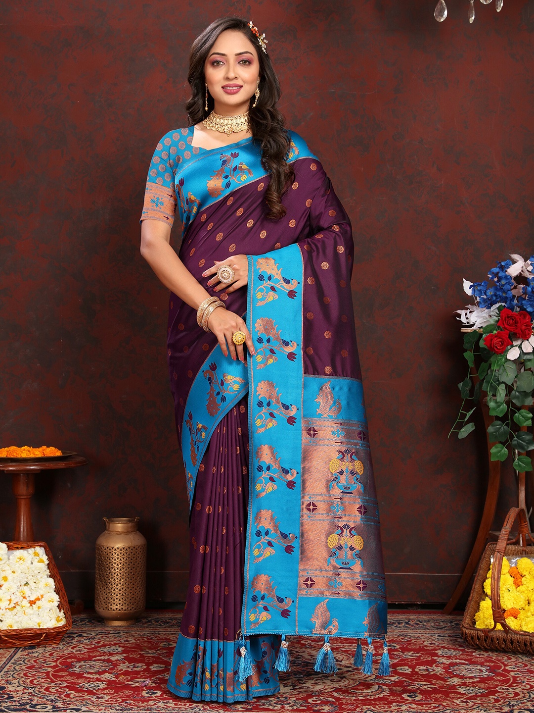 

YAVIRA SILK Ethnic Motifs Woven Design Zari Paithani Saree With Tassels, Purple