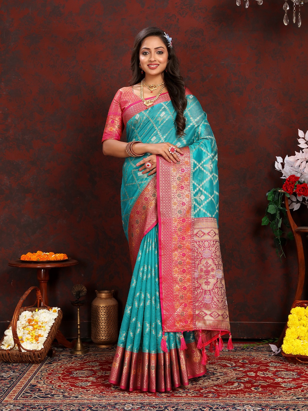 

YAVIRA SILK Ethnic Motifs Woven Design Zari Organza Kota Saree, Sea green