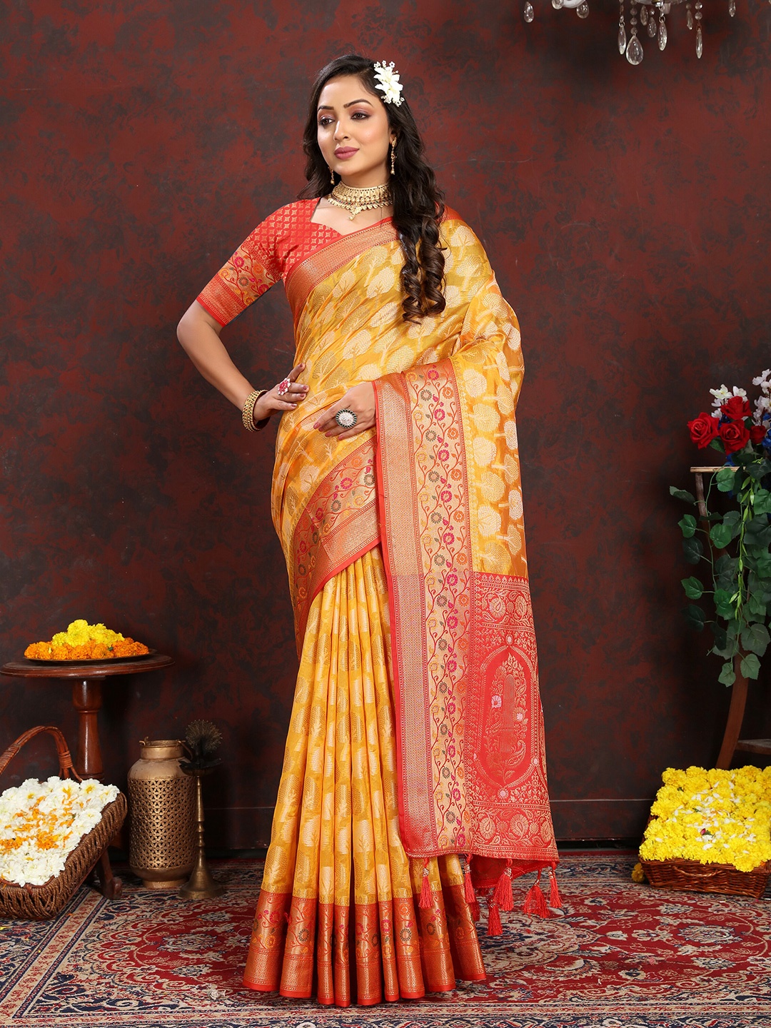 

YAVIRA SILK Ethnic Motifs Woven Design Zari Organza Kota Saree With Tassels, Yellow