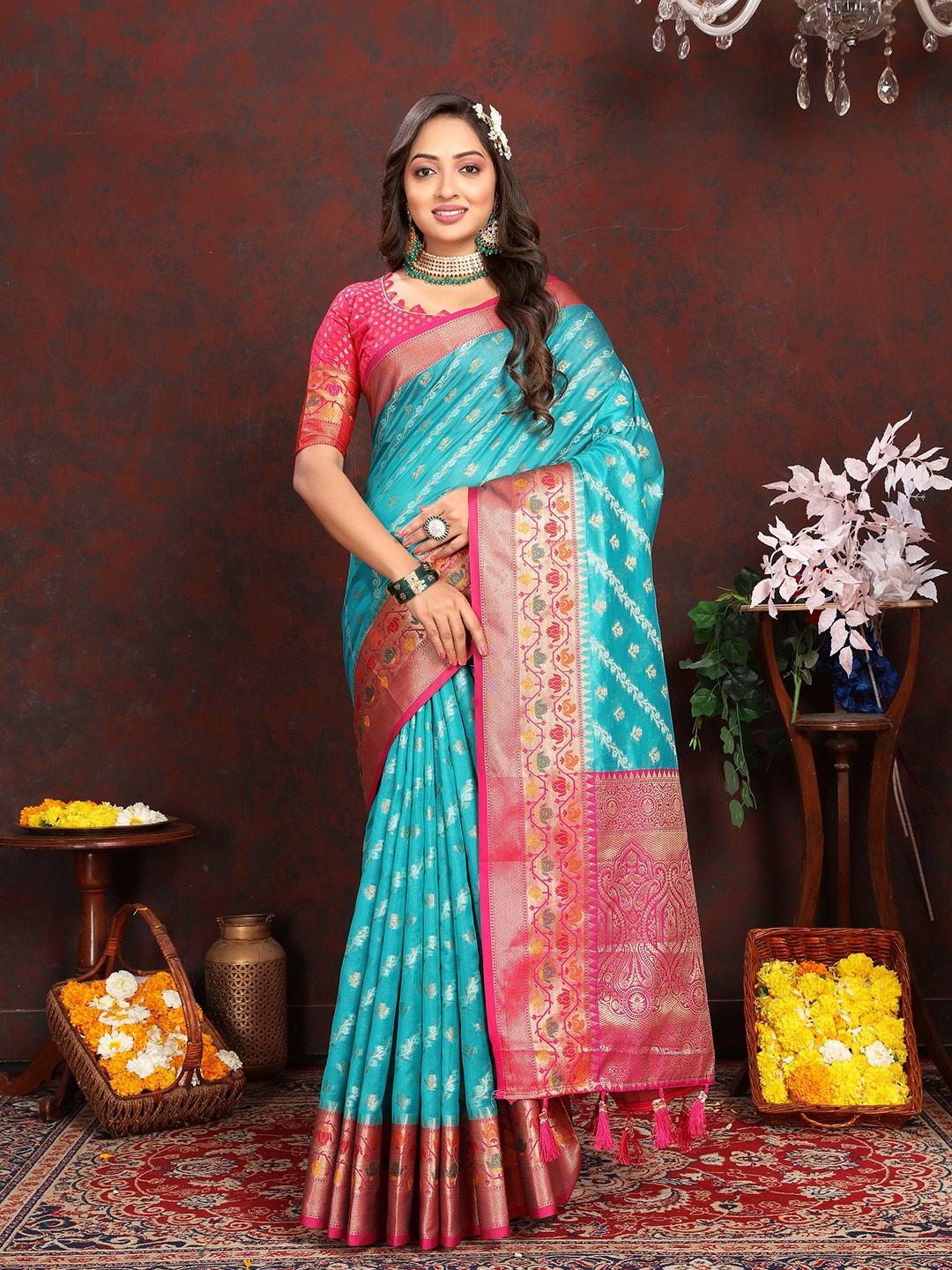 

YAVIRA SILK Ethnic Motifs Woven Design Zari Organza Kota Saree, Sea green