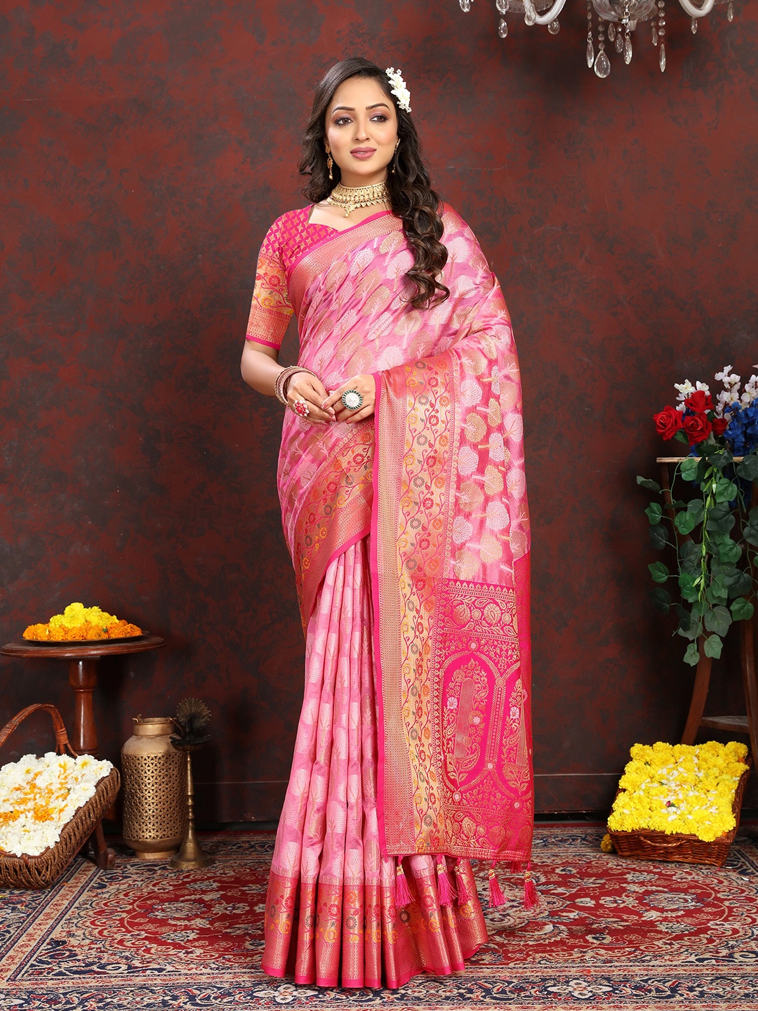 

YAVIRA SILK Ethnic Motifs Woven Design Zari Organza Kota Saree, Pink