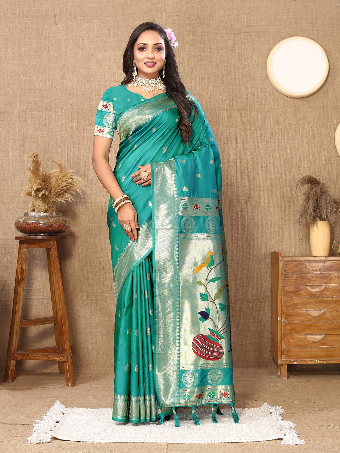 

YAVIRA SILK Ethnic Motifs Woven Design Zari Paithani Saree With Tassels, Turquoise blue