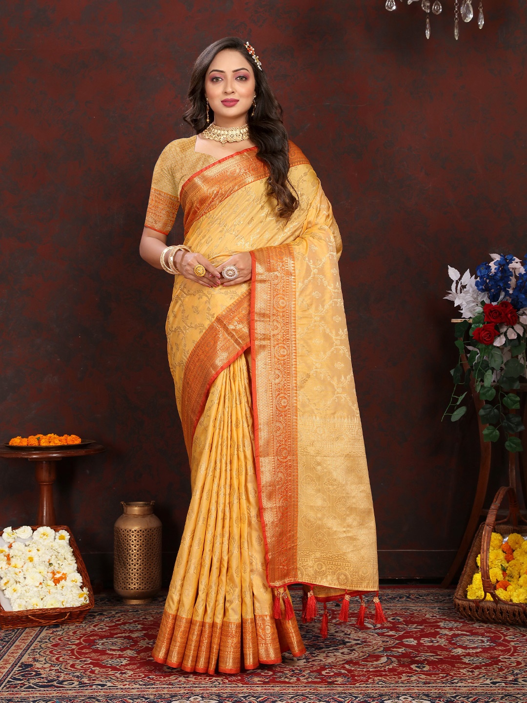 

YAVIRA SILK Woven Design Zari Banarasi Saree With Tassels, Yellow