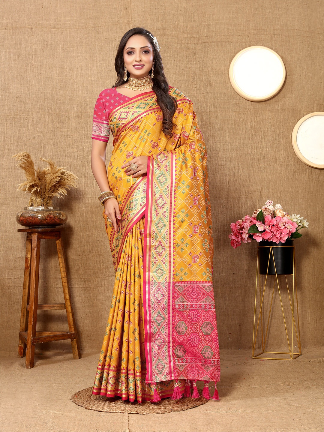 

YAVIRA SILK Ethnic Motifs Woven Design Zari Patola Saree With Tassels, Yellow