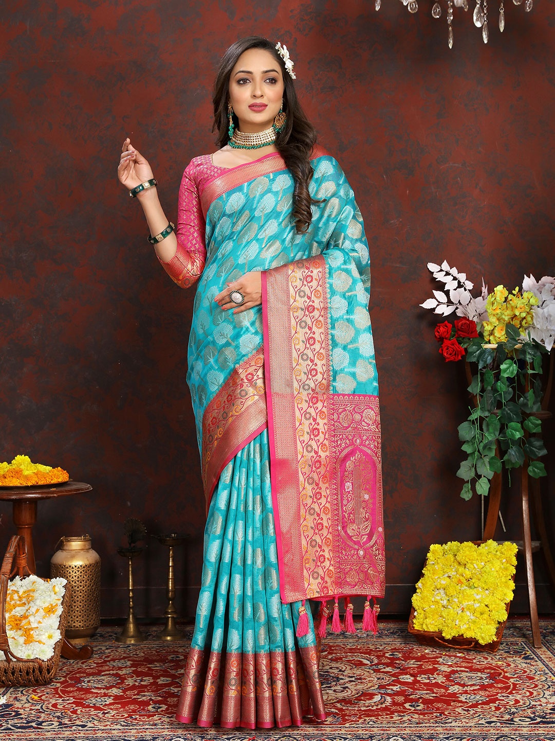 

YAVIRA SILK Woven Design Zari Organza Kota Saree, Sea green