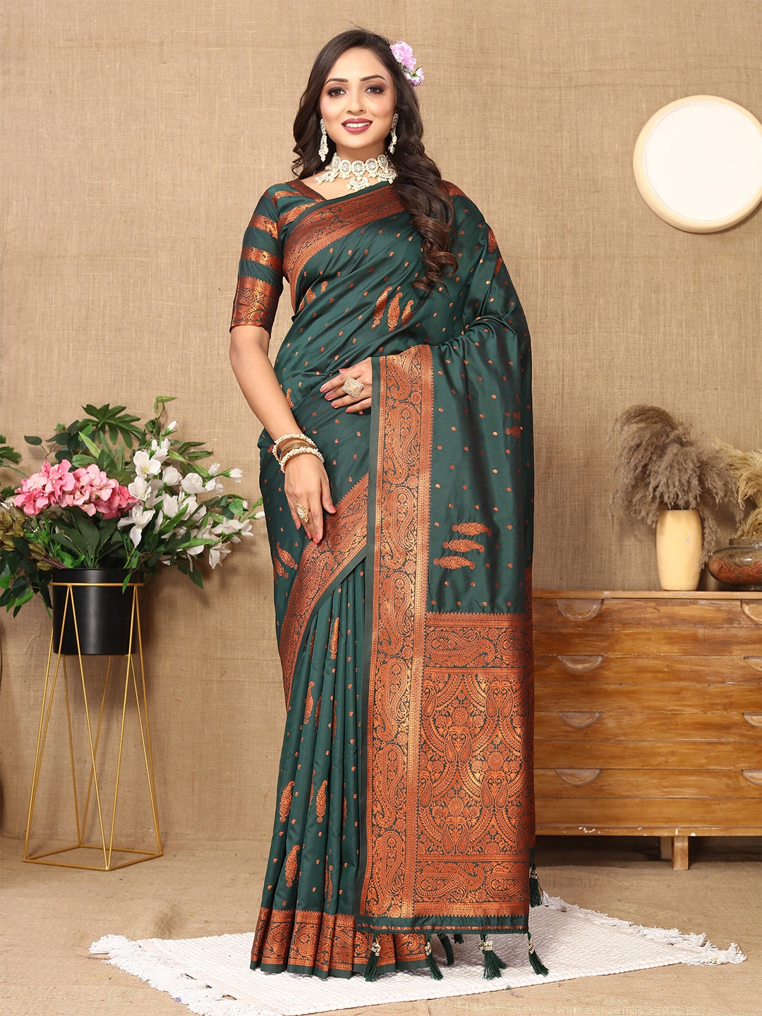 

YAVIRA SILK Woven Design Zari Kota Saree With Tassels, Olive
