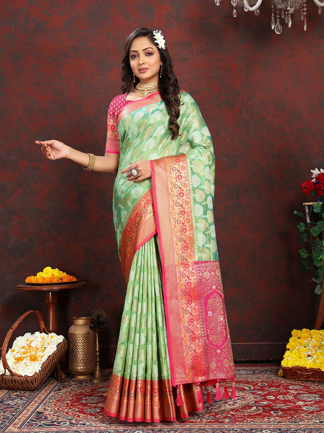 

YAVIRA SILK Woven Design Ethnic Motifs Zari Organza Kota Saree With Tassels, Lime green