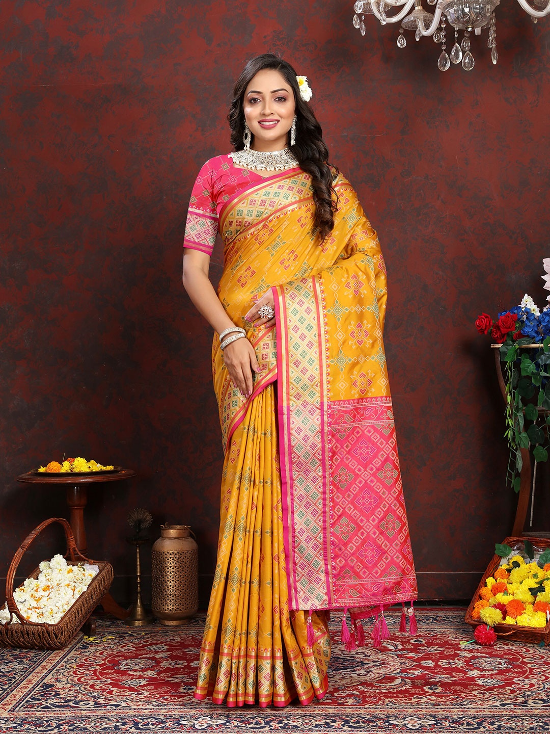 

YAVIRA SILK Ethnic Motifs Woven Design Zari Patola Saree, Yellow