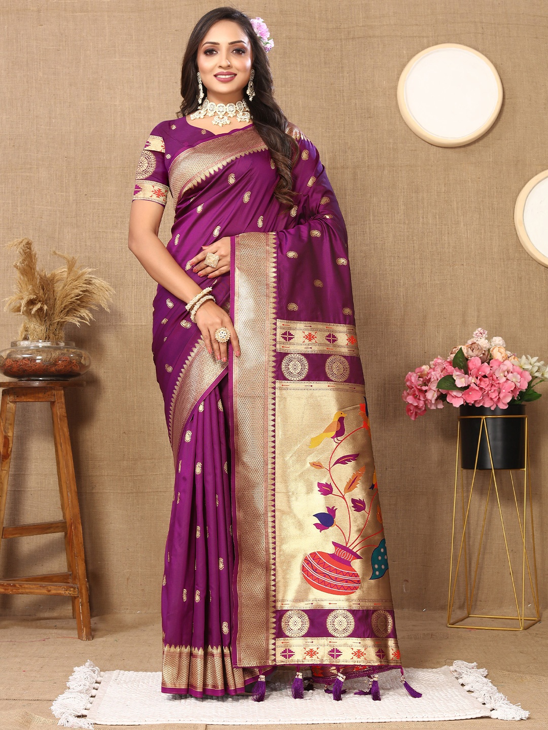 

YAVIRA SILK Ethnic Motifs Zari Paithani Saree With Tassels, Lavender