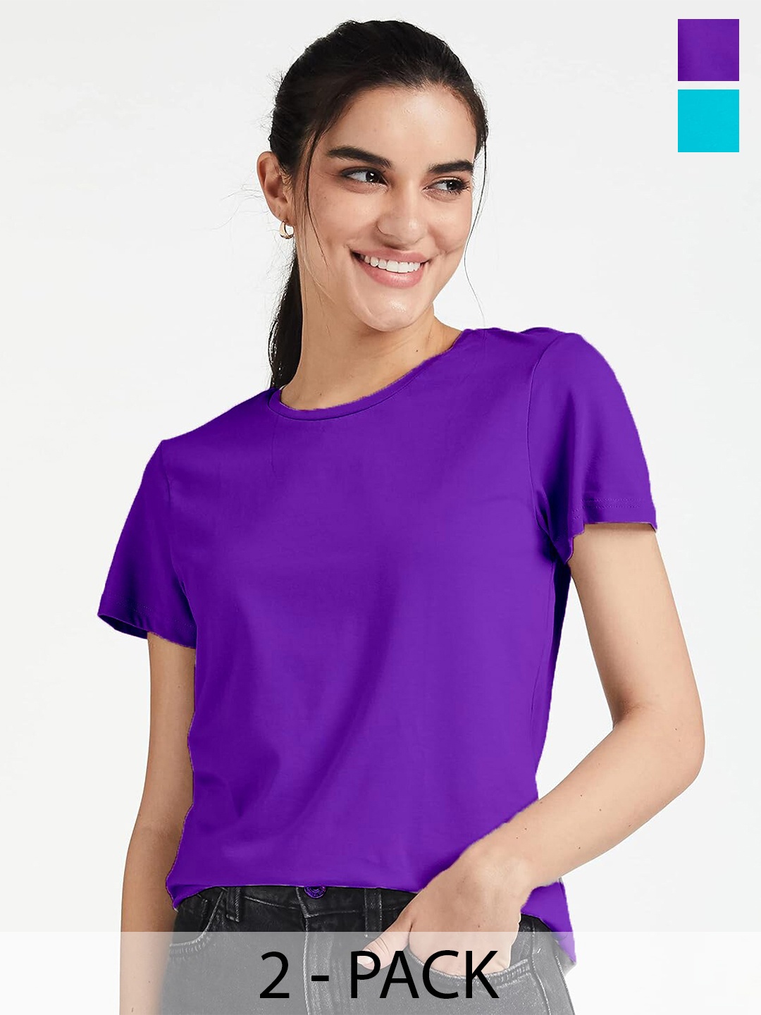 

COLOR CAPITAL Pack Of 2 Round Neck Cotton Tshirts, Blue