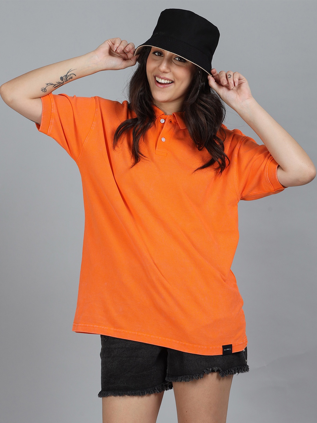 

SILISOUL Polo Collar Short Drop-Shoulder Sleeves Cotton Oversized T-shirt, Orange