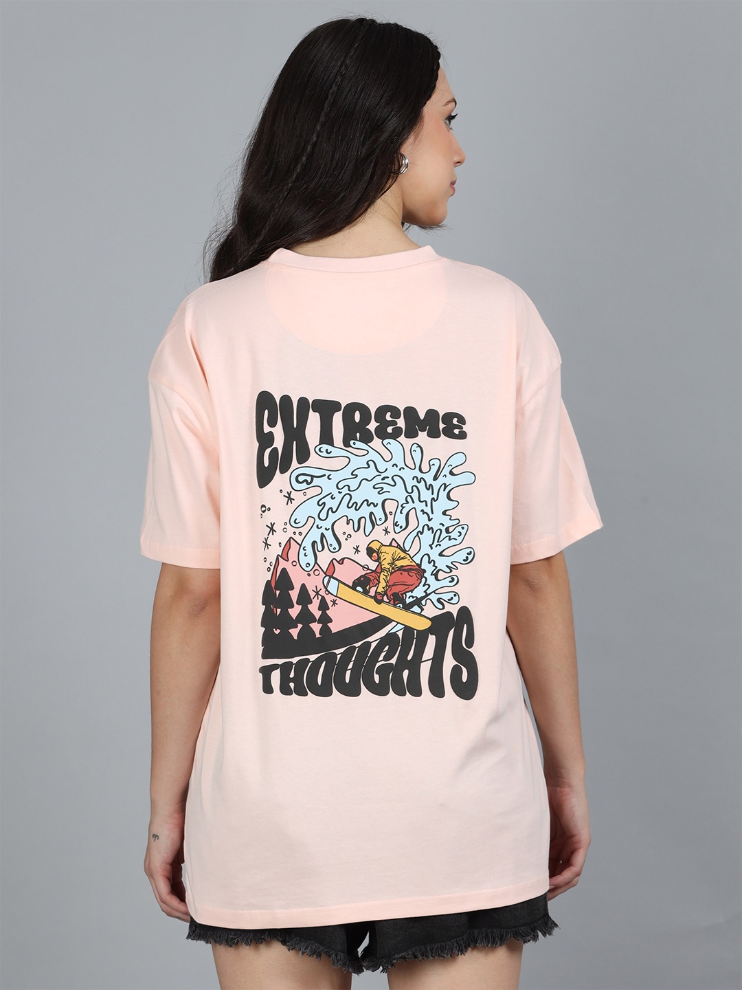 

SILISOUL Graphic Printed Round Neck Drop-Shoulder Sleeves Cotton Oversized T-shirt, Peach