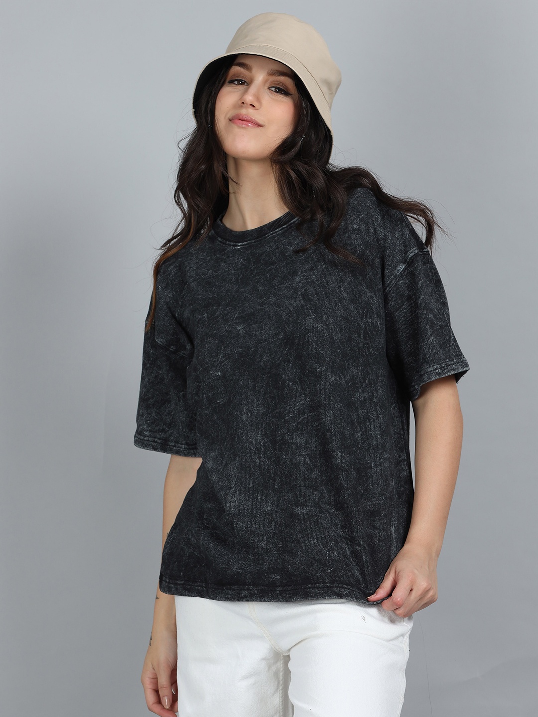 

SILISOUL Abstract Printed Drop-Shoulder Sleeves Oversized Bio Finish T-shirt, Black