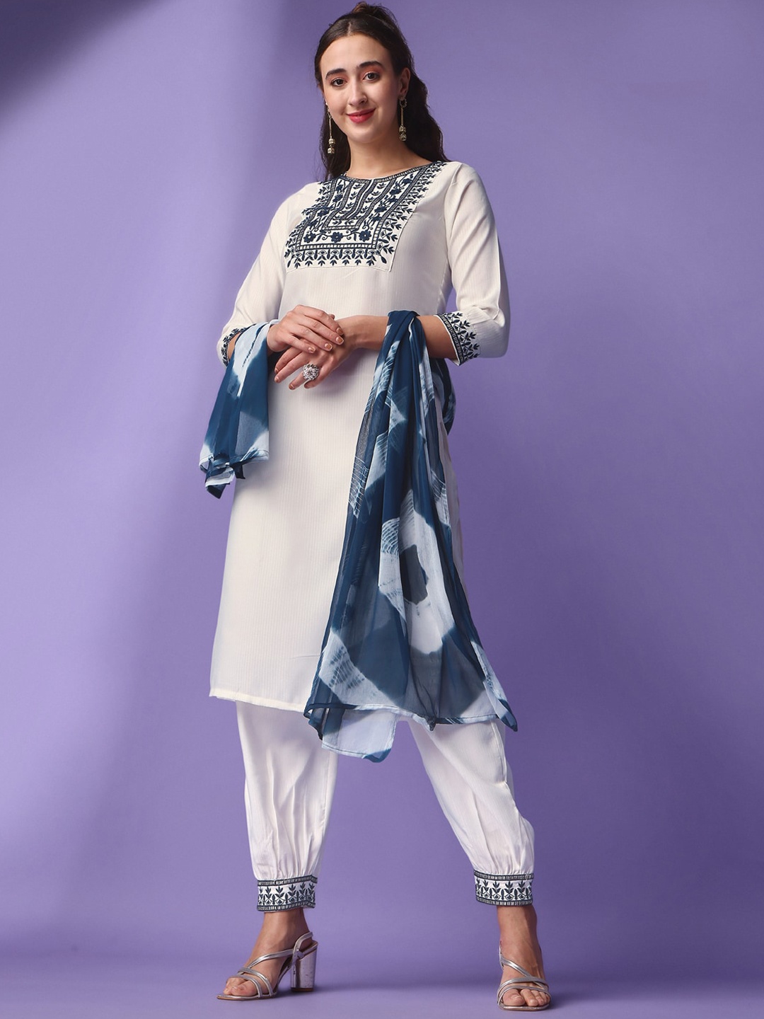 

BAESD Ethnic Motifs Yoke Design Round Neck Thread Work Kurta with Trousers & Dupatta, White