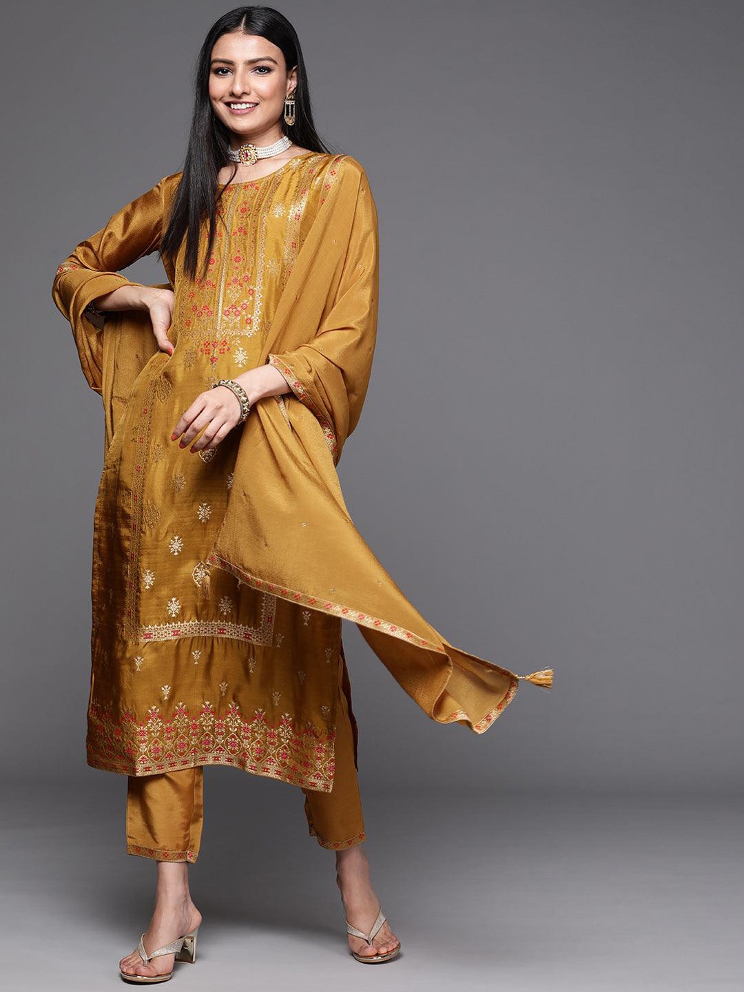 

BAESD Ethnic Motif Embroidered Round Neck Thread Work Straight Kurta & Trouser & Dupatta, Yellow