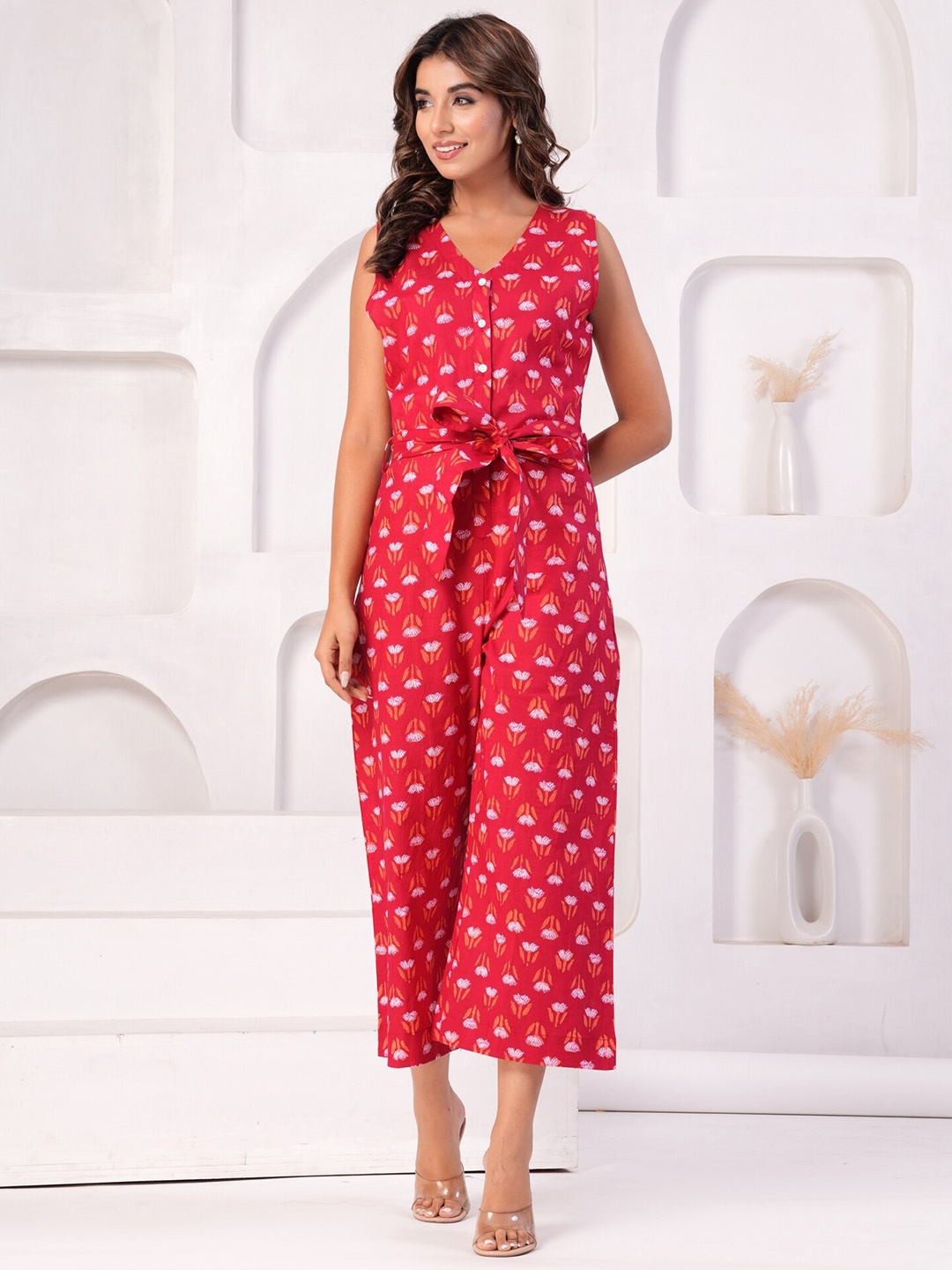 

KALINI Printed Sleeveless Cotton Basic Jumpsuit, Red