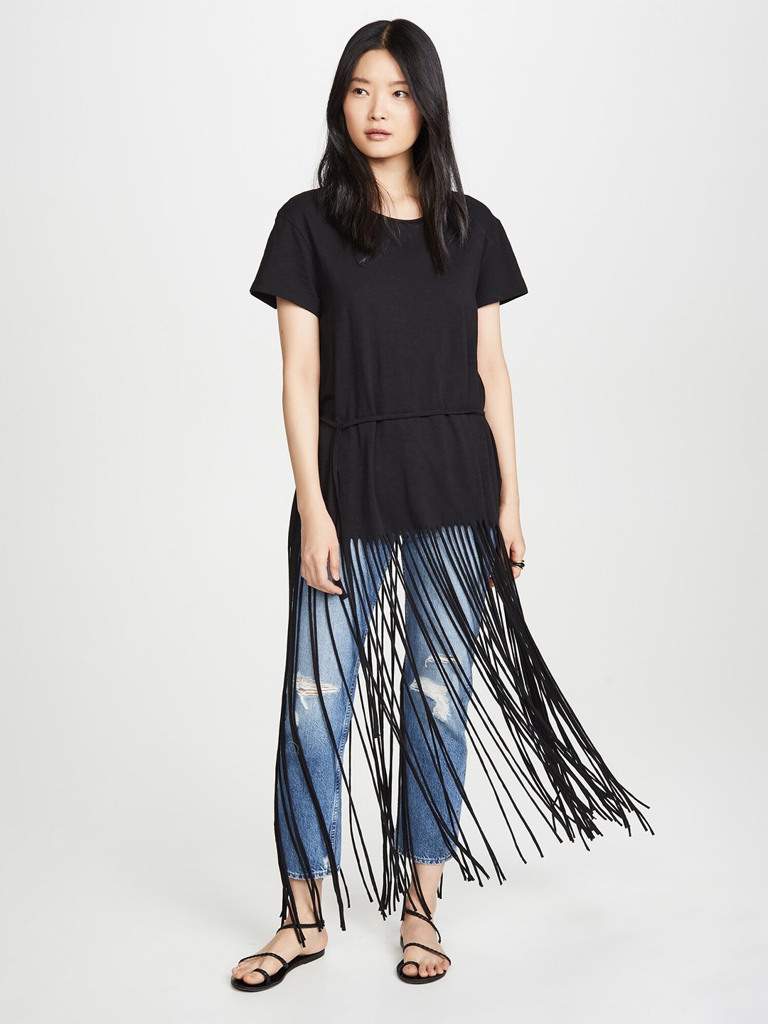 

Dracht Bohemian Round Neck Fringed Cotton Top, Black