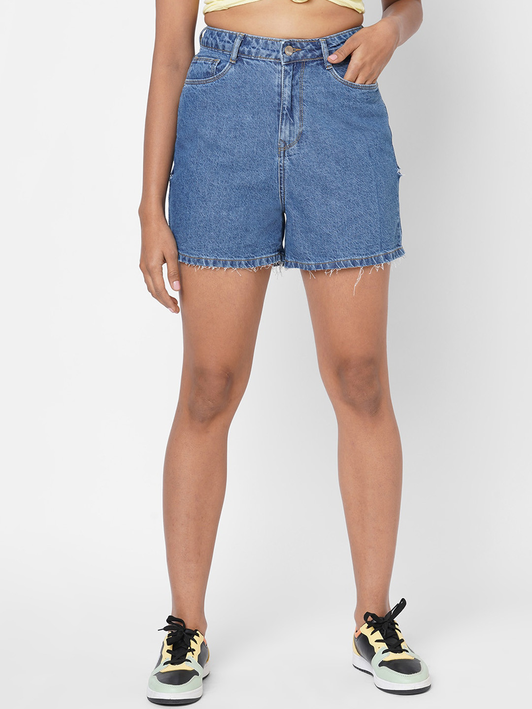 

Kraus Jeans Women Slim Fit High-Rise Pure Cotton Denim Shorts, Blue