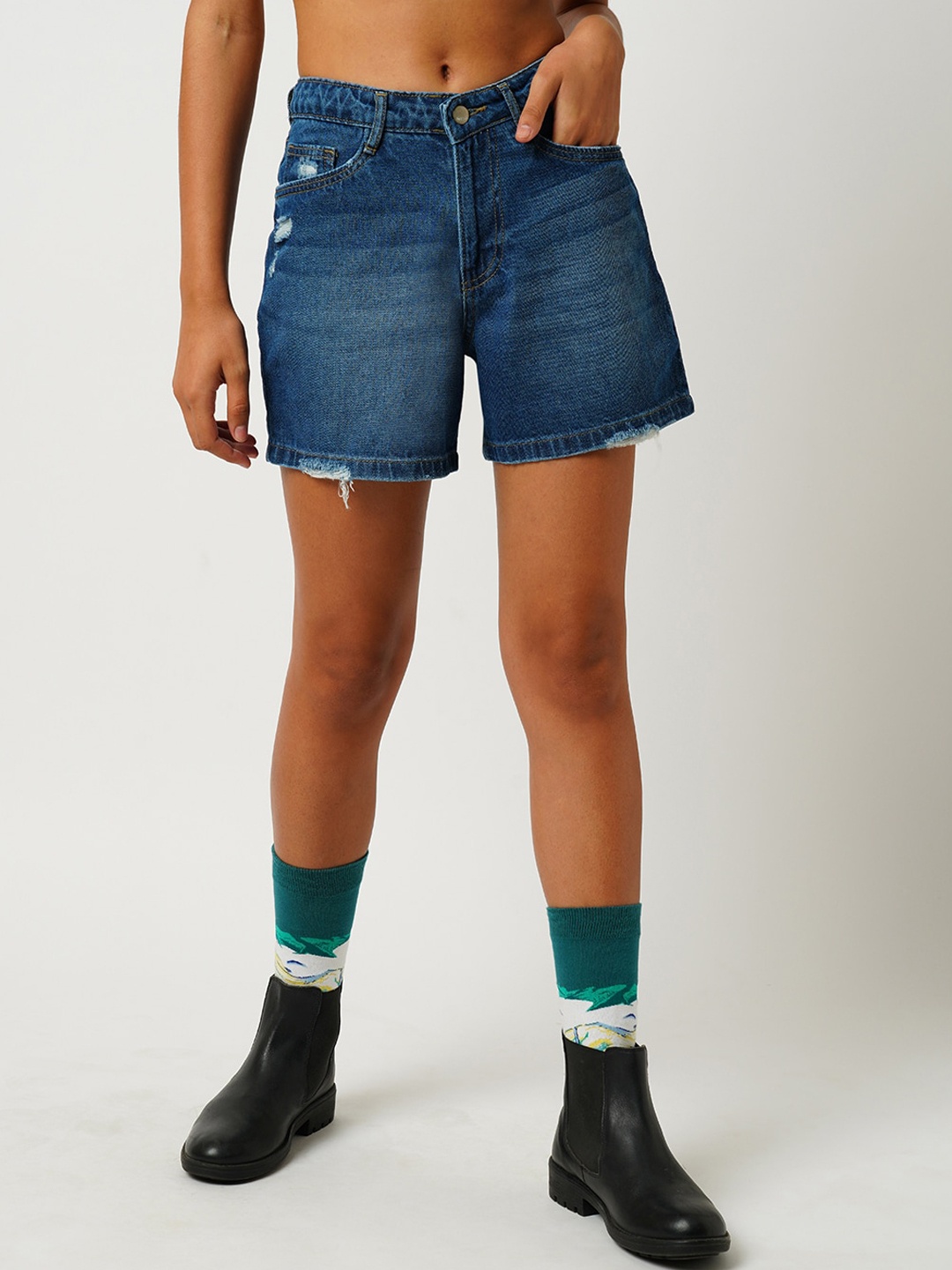 

Kraus Jeans Women Slim Fit High-Rise Pure Cotton Denim Shorts, Blue