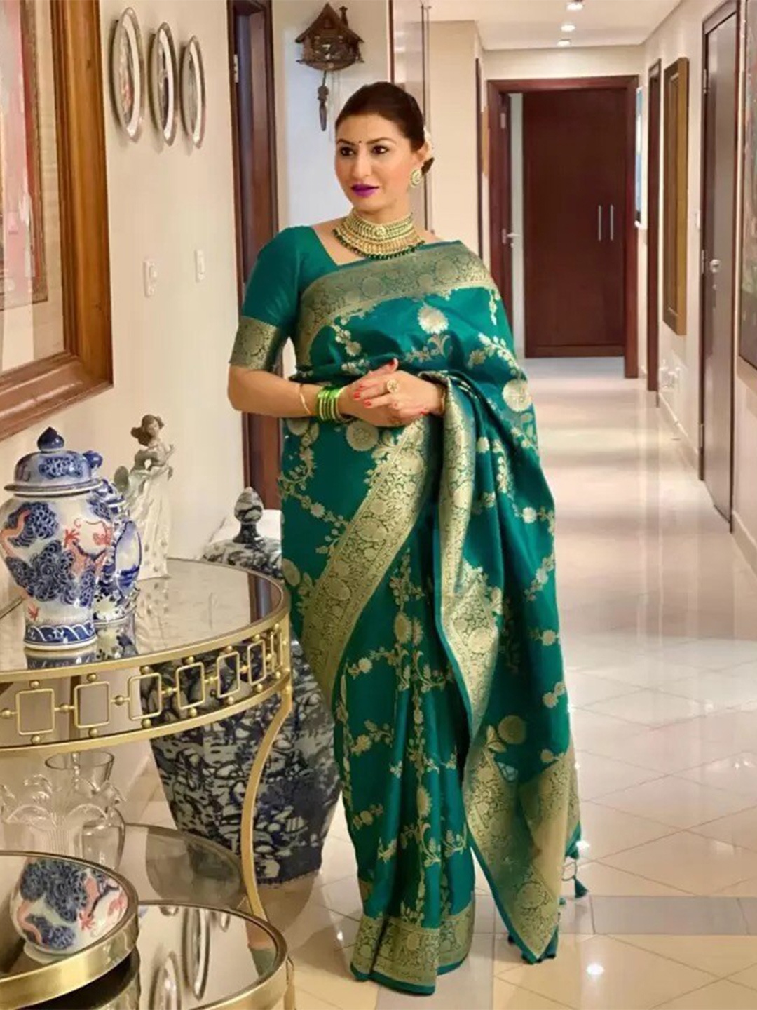 

KALINI Ethnic Motifs Zari Kanjeevaram Saree, Green