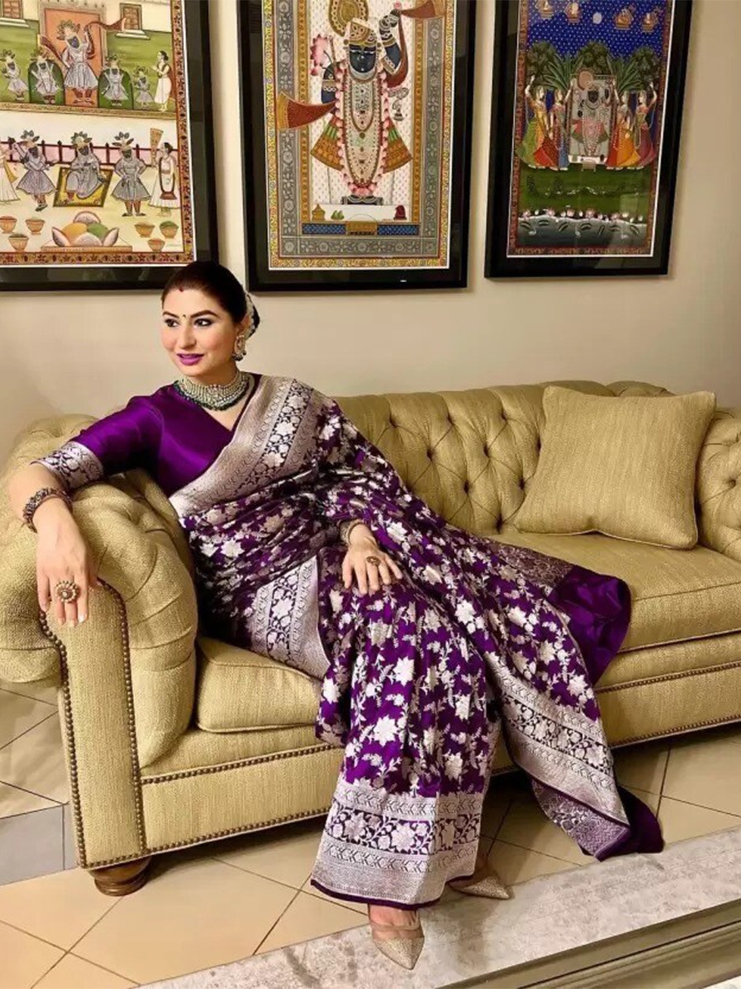 

KALINI Ethnic Motifs Woven Design Zari Kanjeevaram Saree, Purple