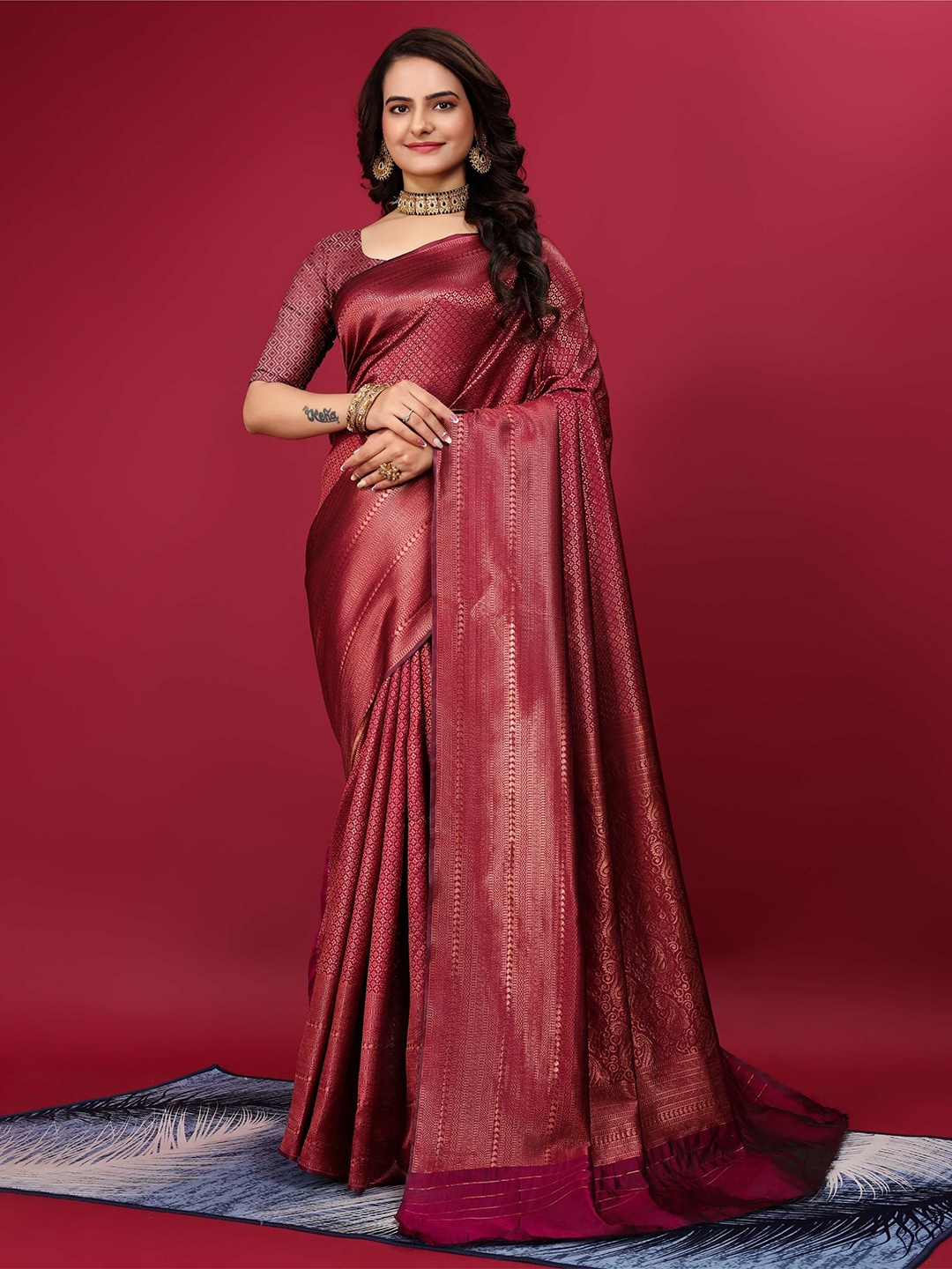 

KALINI Ethnic Motifs Zari Kanjeevaram Saree, Maroon
