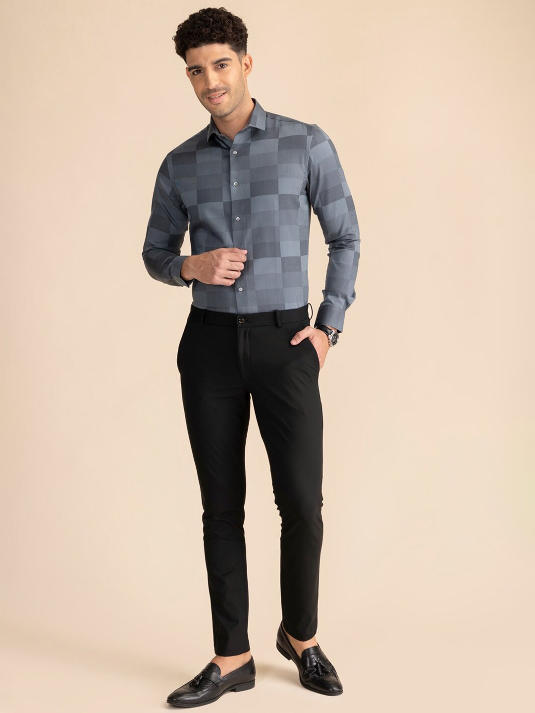

KAAPUS Checked Classic Slim Fit Pure Cotton Party Shirt, Grey