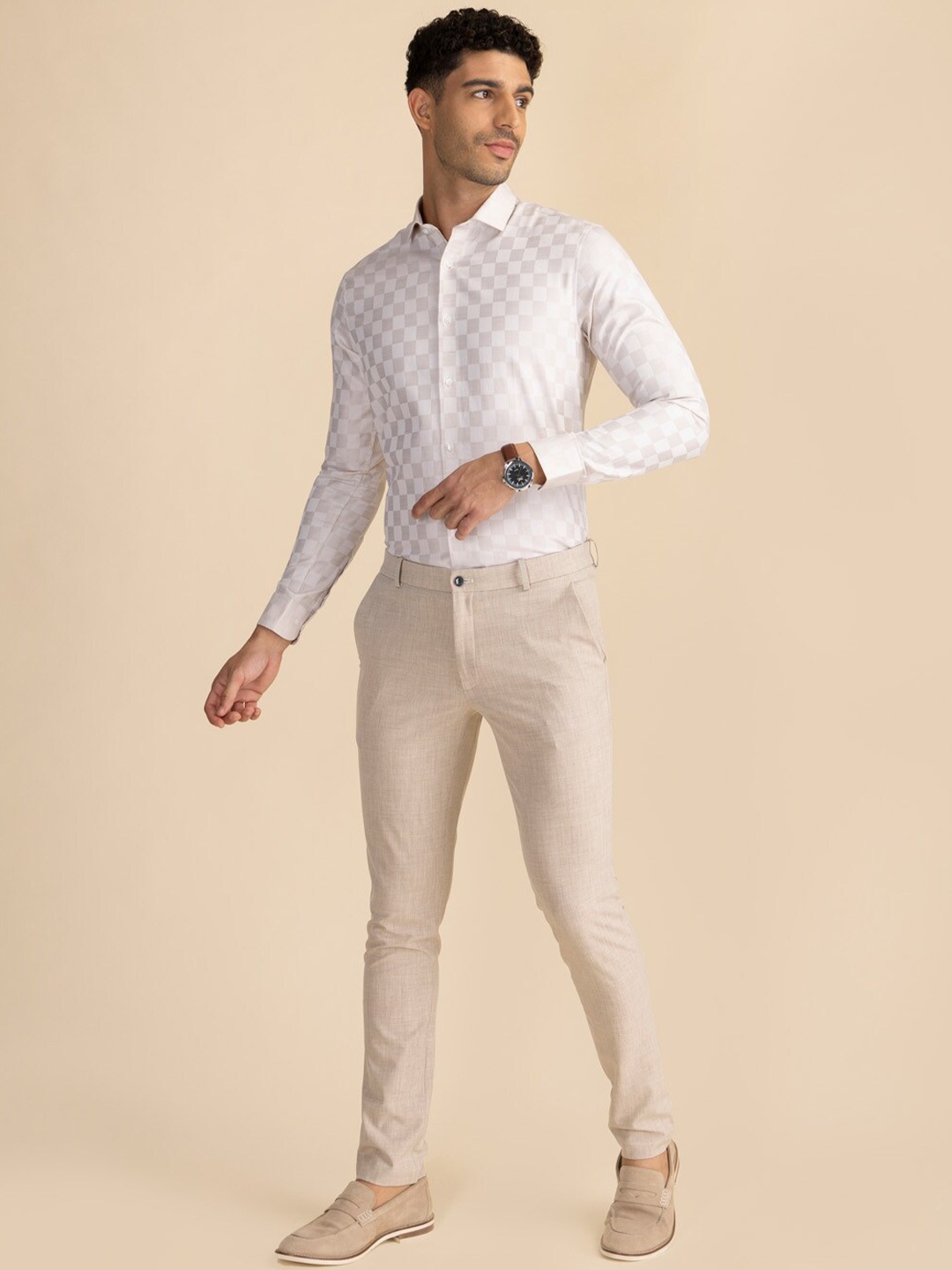 

KAAPUS Classic Slim Fit Geometric Printed Opaque Cotton Casual Shirt, Beige