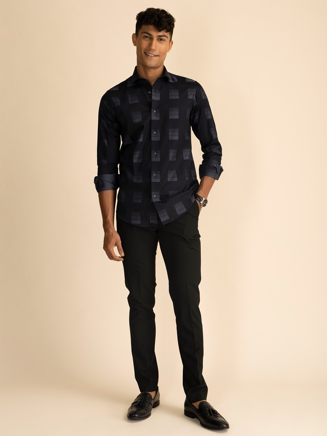 

KAAPUS Classic Slim Fit Buffalo Checks Opaque Cotton Casual Shirt, Black